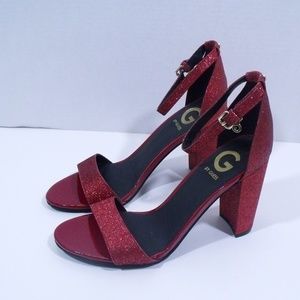 red glitter block heels
